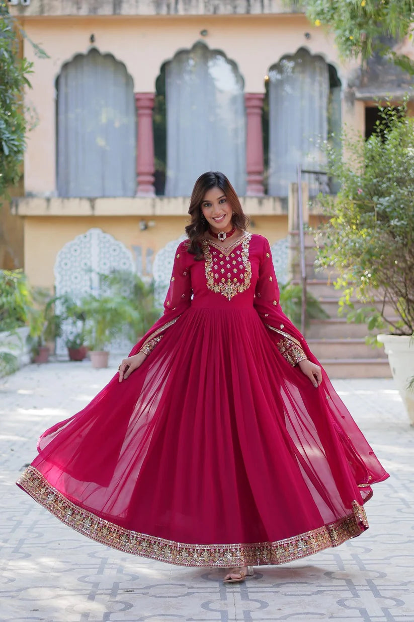 Dixz Fashion Designer Faux Blooming Georgette Gown with Sequins Embroidery & Lace Dupatta