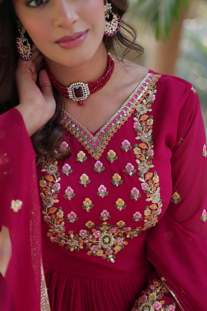 Dixz Fashion Designer Faux Blooming Georgette Gown with Sequins Embroidery & Lace Dupatta