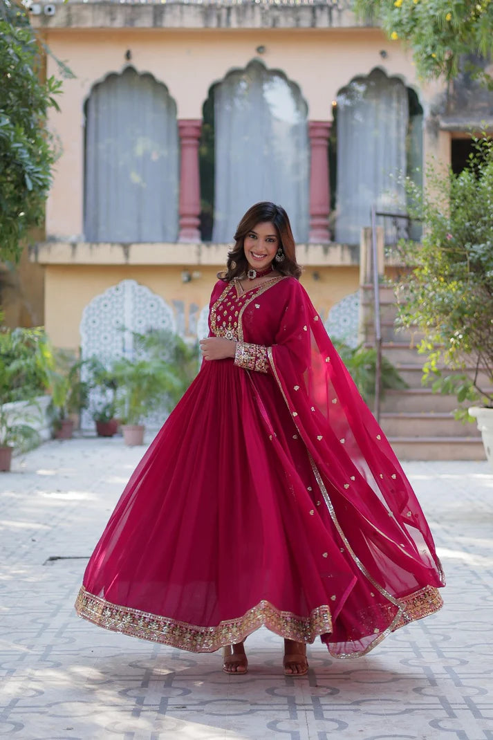 Dixz Fashion Designer Faux Blooming Georgette Gown with Sequins Embroidery & Lace Dupatta