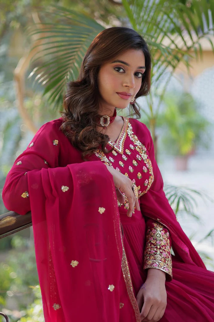Dixz Fashion Designer Faux Blooming Georgette Gown with Sequins Embroidery & Lace Dupatta