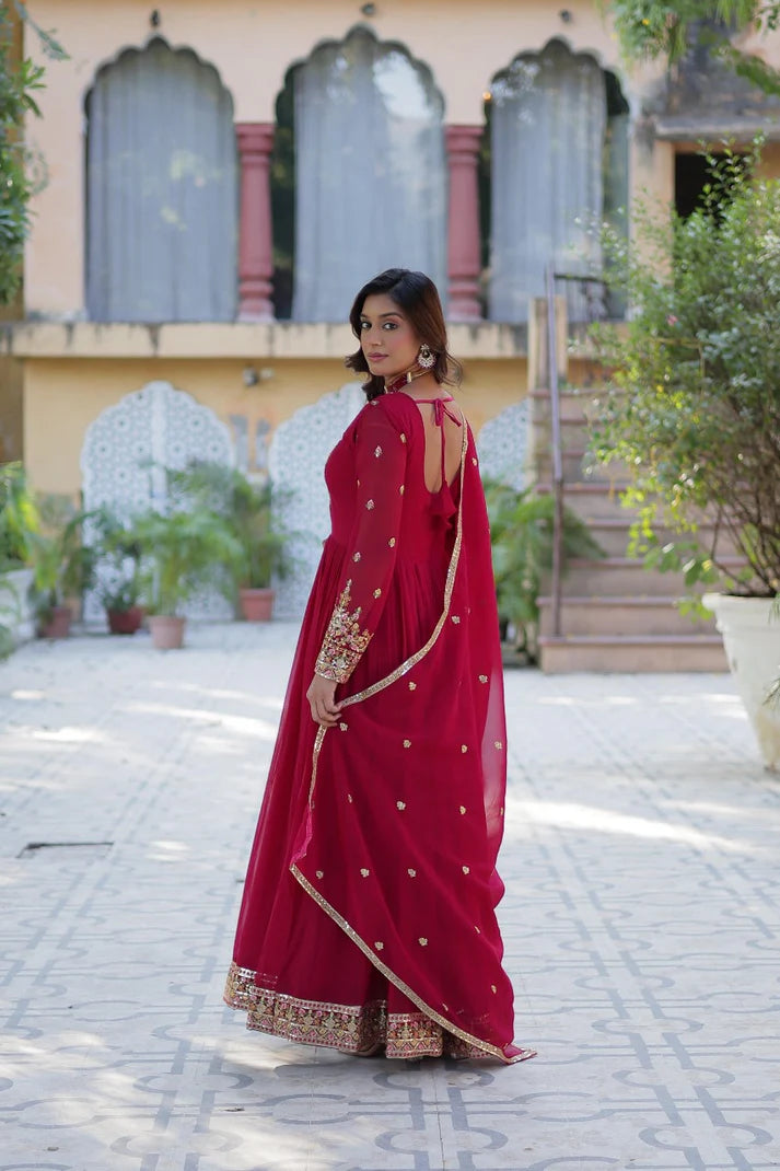 Dixz Fashion Designer Faux Blooming Georgette Gown with Sequins Embroidery & Lace Dupatta