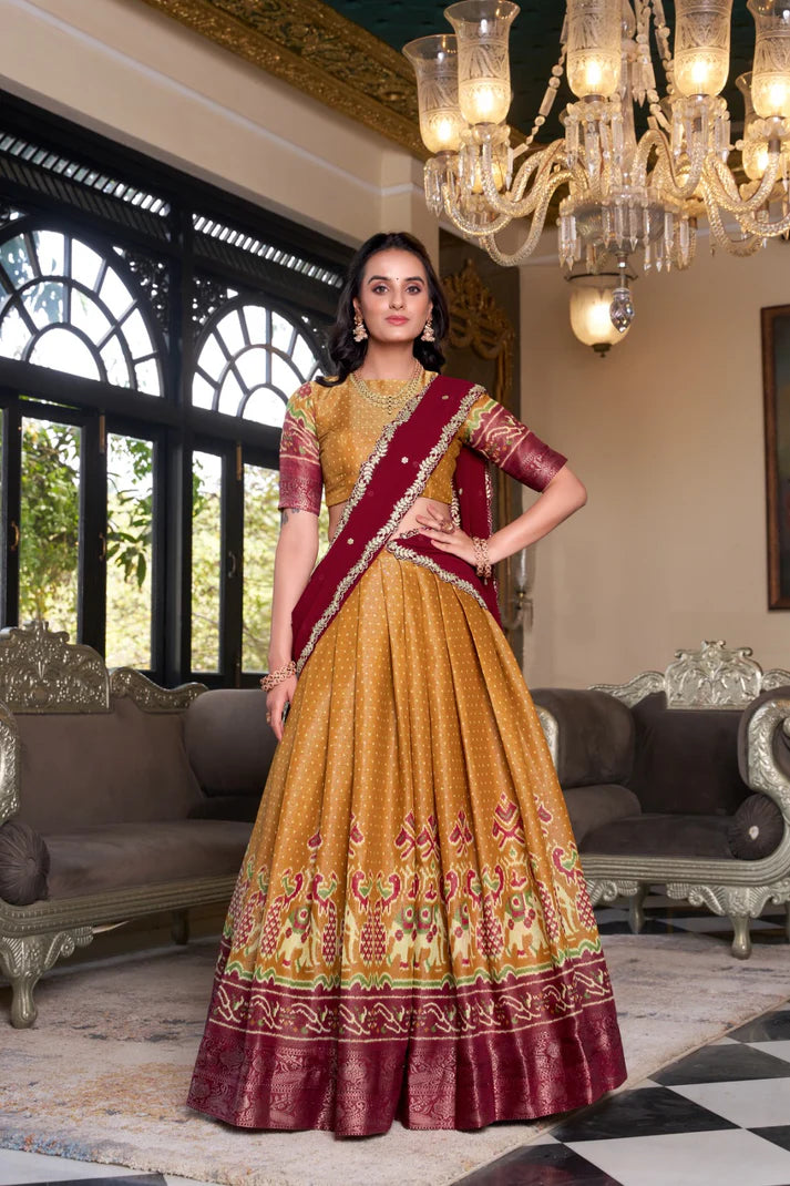 Dixz Fashion Women's Kanchipuram Printed Lehenga Set with Zari Weaving Work & Embroidered Georgette Dupatta