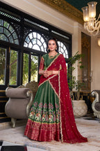 Dixz Fashion Women's Kanchipuram Printed Lehenga Set with Zari Weaving Work & Embroidered Georgette Dupatta