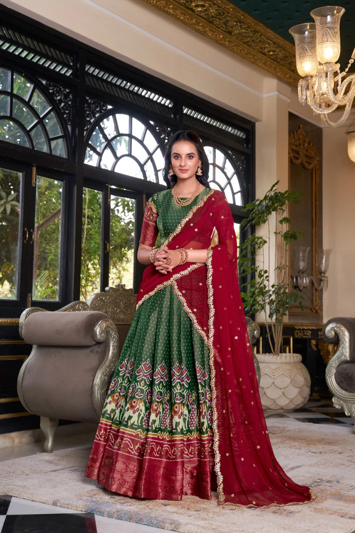 Dixz Fashion Women's Kanchipuram Printed Lehenga Set with Zari Weaving Work & Embroidered Georgette Dupatta