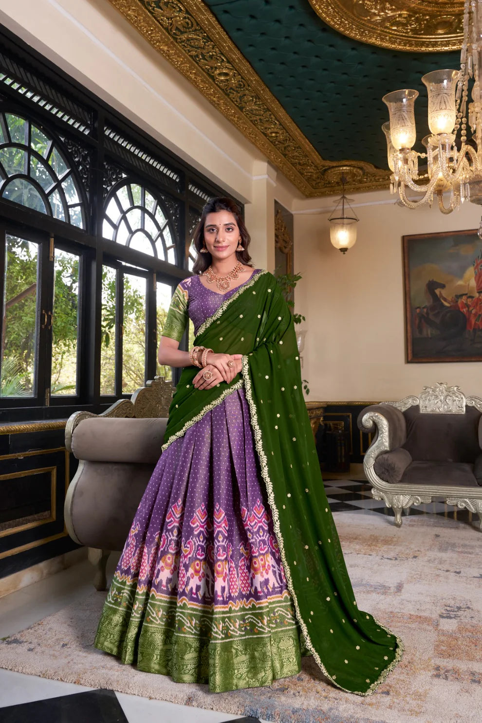Dixz Fashion Women's Kanchipuram Printed Lehenga Set with Zari Weaving Work & Embroidered Georgette Dupatta