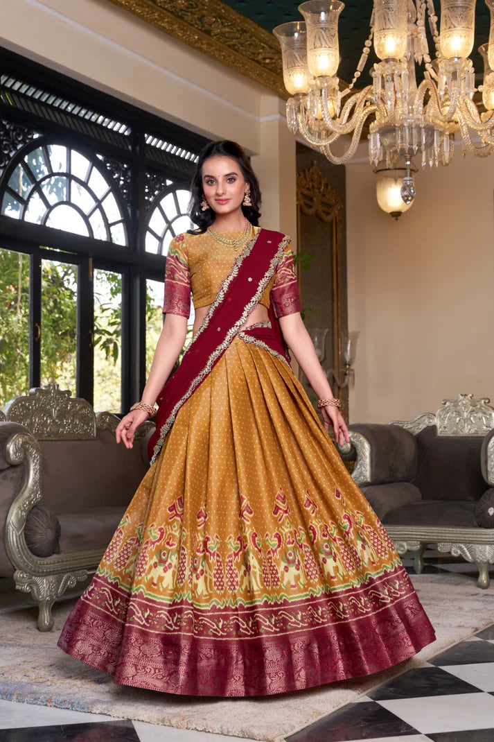 Dixz Fashion Women's Kanchipuram Printed Lehenga Set with Zari Weaving Work & Embroidered Georgette Dupatta