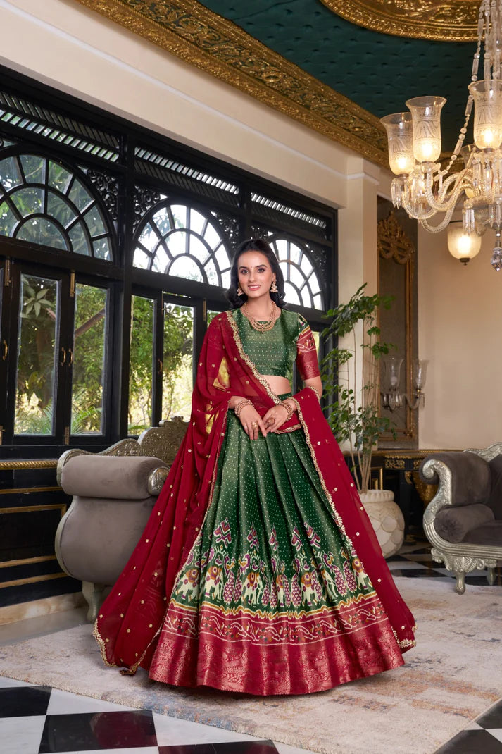 Dixz Fashion Women's Kanchipuram Printed Lehenga Set with Zari Weaving Work & Embroidered Georgette Dupatta