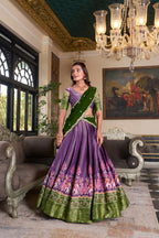 Dixz Fashion Women's Kanchipuram Printed Lehenga Set with Zari Weaving Work & Embroidered Georgette Dupatta