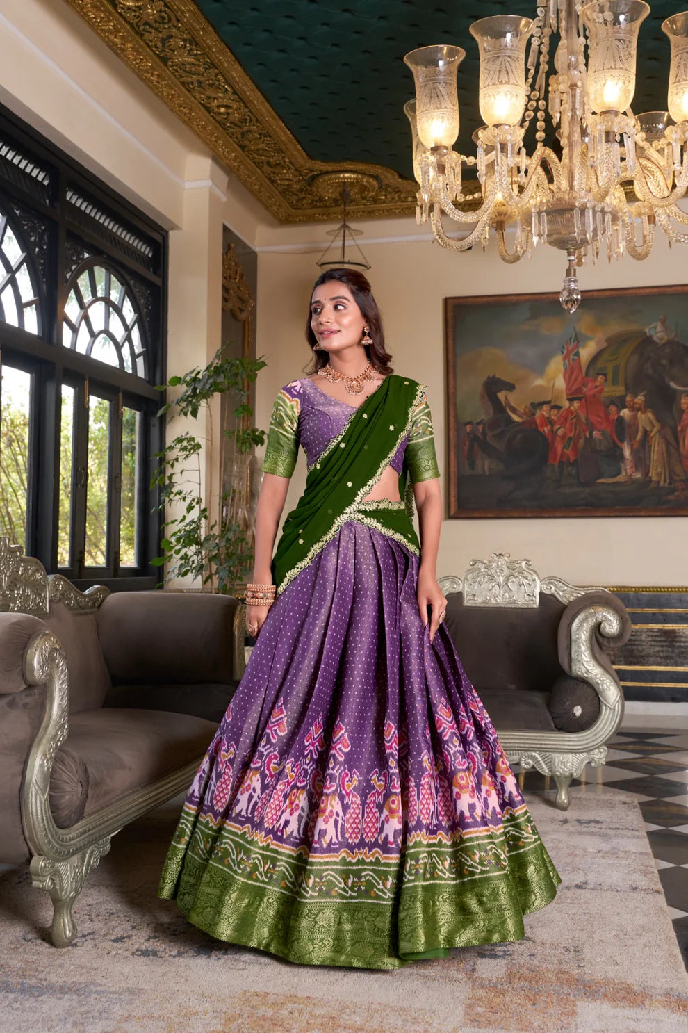 Dixz Fashion Women's Kanchipuram Printed Lehenga Set with Zari Weaving Work & Embroidered Georgette Dupatta