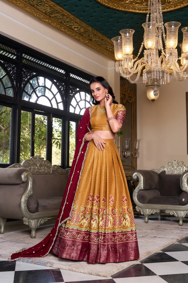 Dixz Fashion Women's Kanchipuram Printed Lehenga Set with Zari Weaving Work & Embroidered Georgette Dupatta