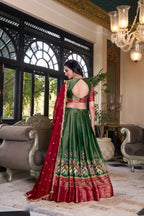 Dixz Fashion Women's Kanchipuram Printed Lehenga Set with Zari Weaving Work & Embroidered Georgette Dupatta