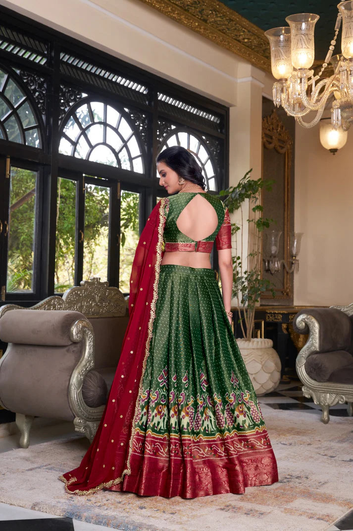 Dixz Fashion Women's Kanchipuram Printed Lehenga Set with Zari Weaving Work & Embroidered Georgette Dupatta