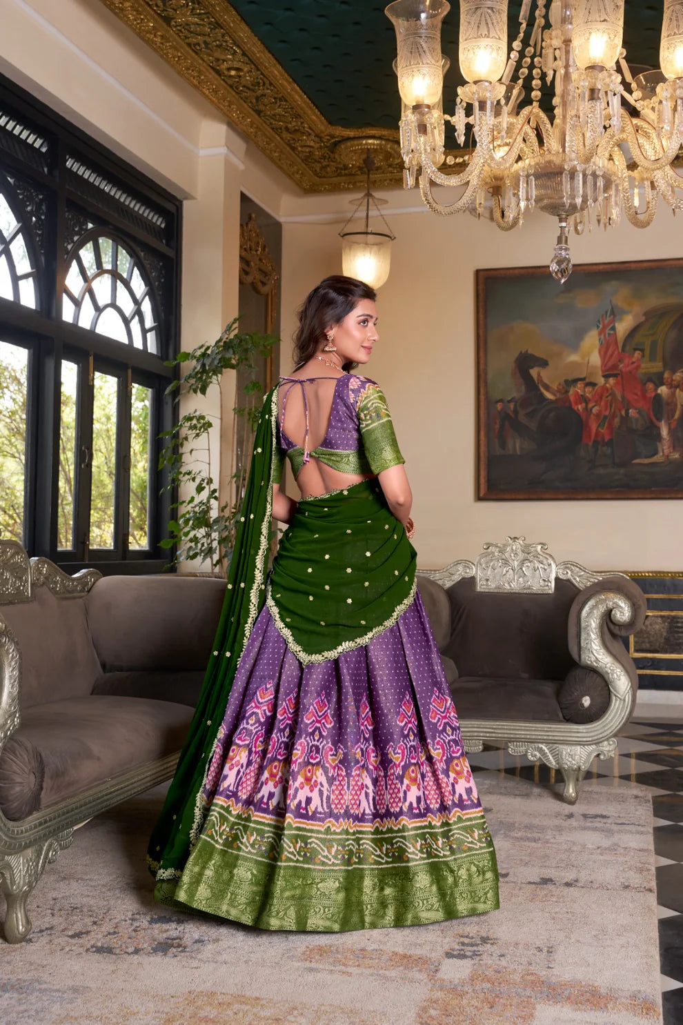 Dixz Fashion Women's Kanchipuram Printed Lehenga Set with Zari Weaving Work & Embroidered Georgette Dupatta