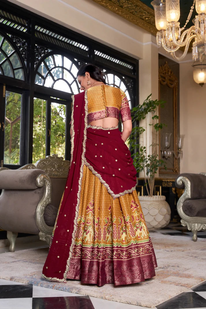 Dixz Fashion Women's Kanchipuram Printed Lehenga Set with Zari Weaving Work & Embroidered Georgette Dupatta