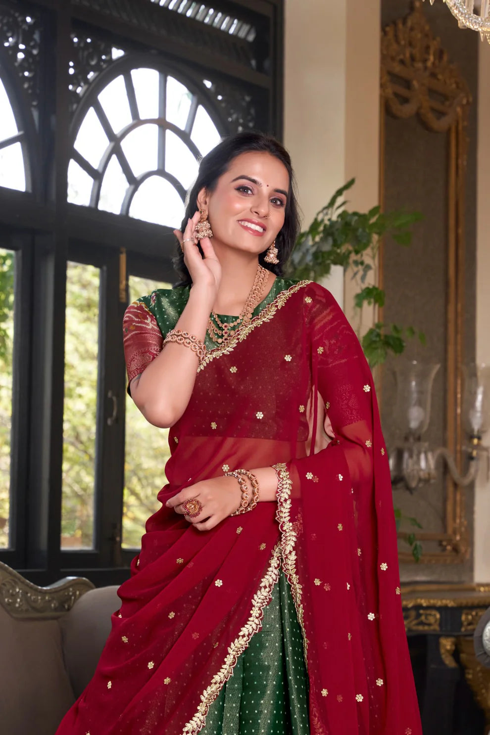 Dixz Fashion Women's Kanchipuram Printed Lehenga Set with Zari Weaving Work & Embroidered Georgette Dupatta