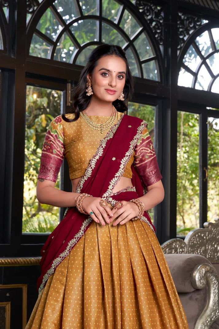 Dixz Fashion Women's Kanchipuram Printed Lehenga Set with Zari Weaving Work & Embroidered Georgette Dupatta