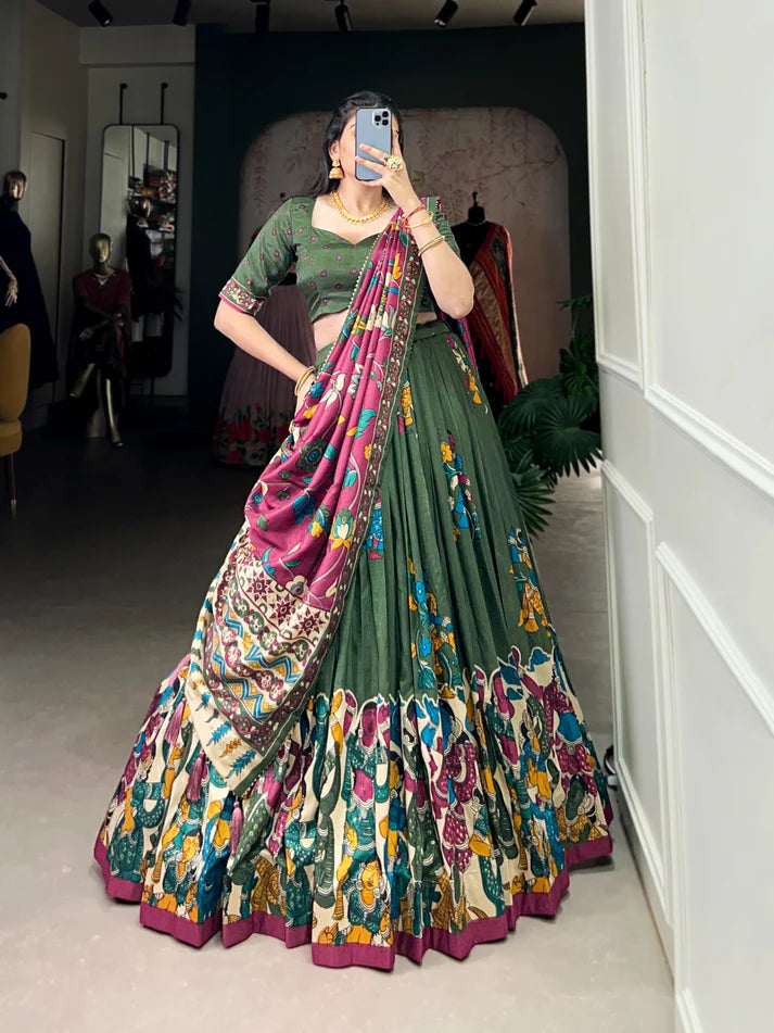 Dixz Fashion Present Tussar Silk Lehenga Set with Kalamkari Print Dupatta
