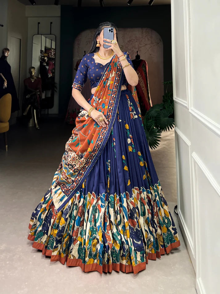 Dixz Fashion Present Tussar Silk Lehenga Set with Kalamkari Print Dupatta