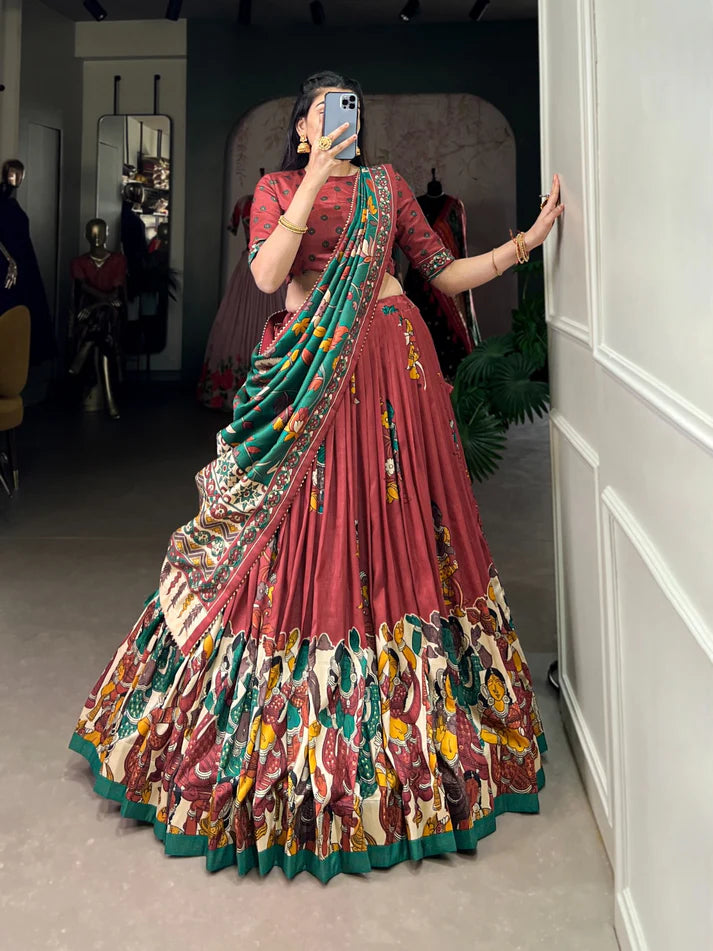 Dixz Fashion Present Tussar Silk Lehenga Set with Kalamkari Print Dupatta