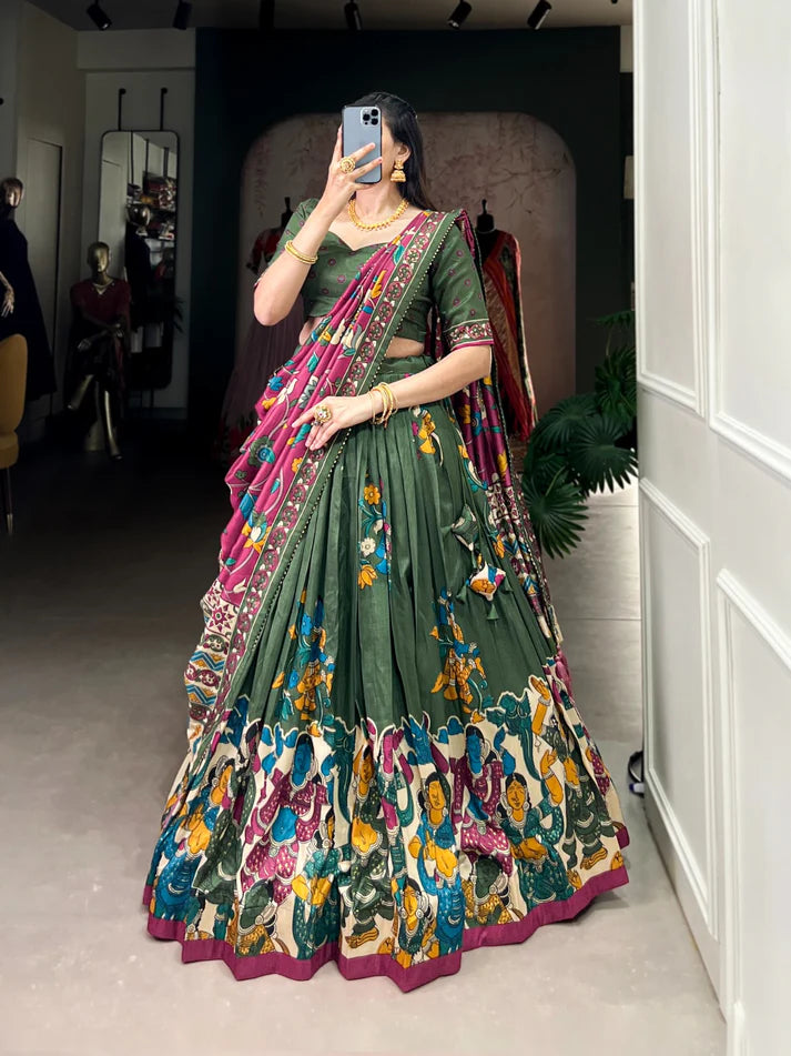 Dixz Fashion Present Tussar Silk Lehenga Set with Kalamkari Print Dupatta