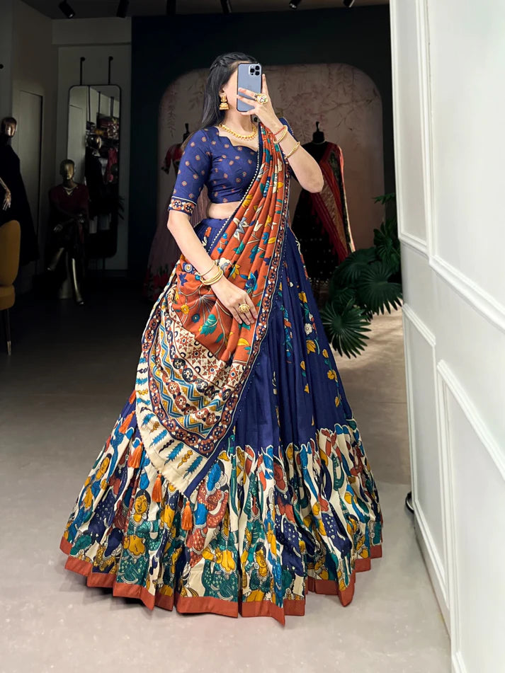 Dixz Fashion Present Tussar Silk Lehenga Set with Kalamkari Print Dupatta