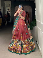 Dixz Fashion Present Tussar Silk Lehenga Set with Kalamkari Print Dupatta