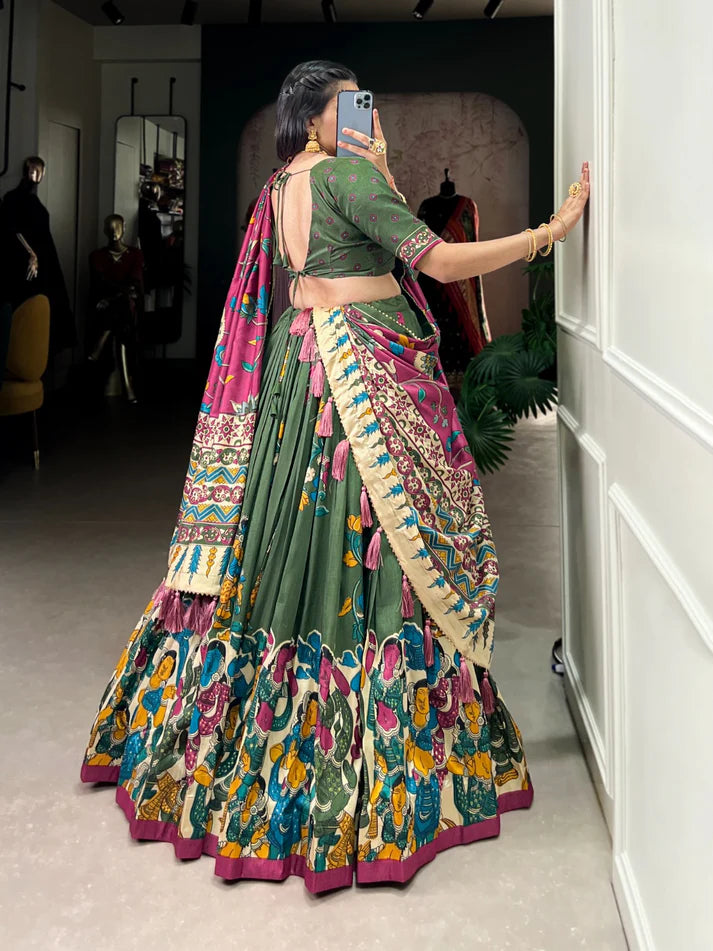 Dixz Fashion Present Tussar Silk Lehenga Set with Kalamkari Print Dupatta