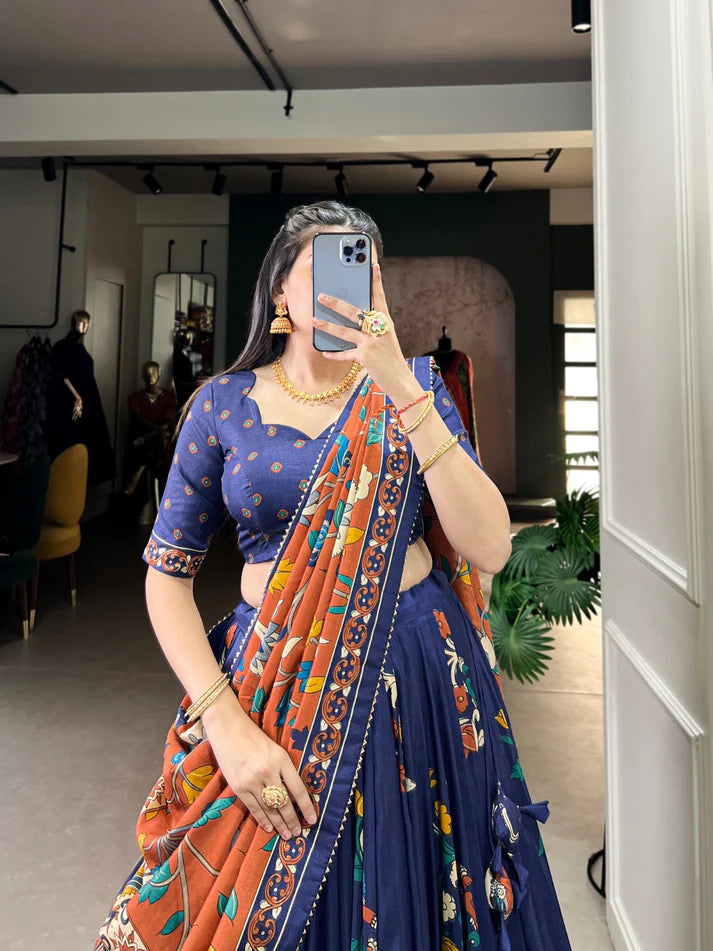 Dixz Fashion Present Tussar Silk Lehenga Set with Kalamkari Print Dupatta