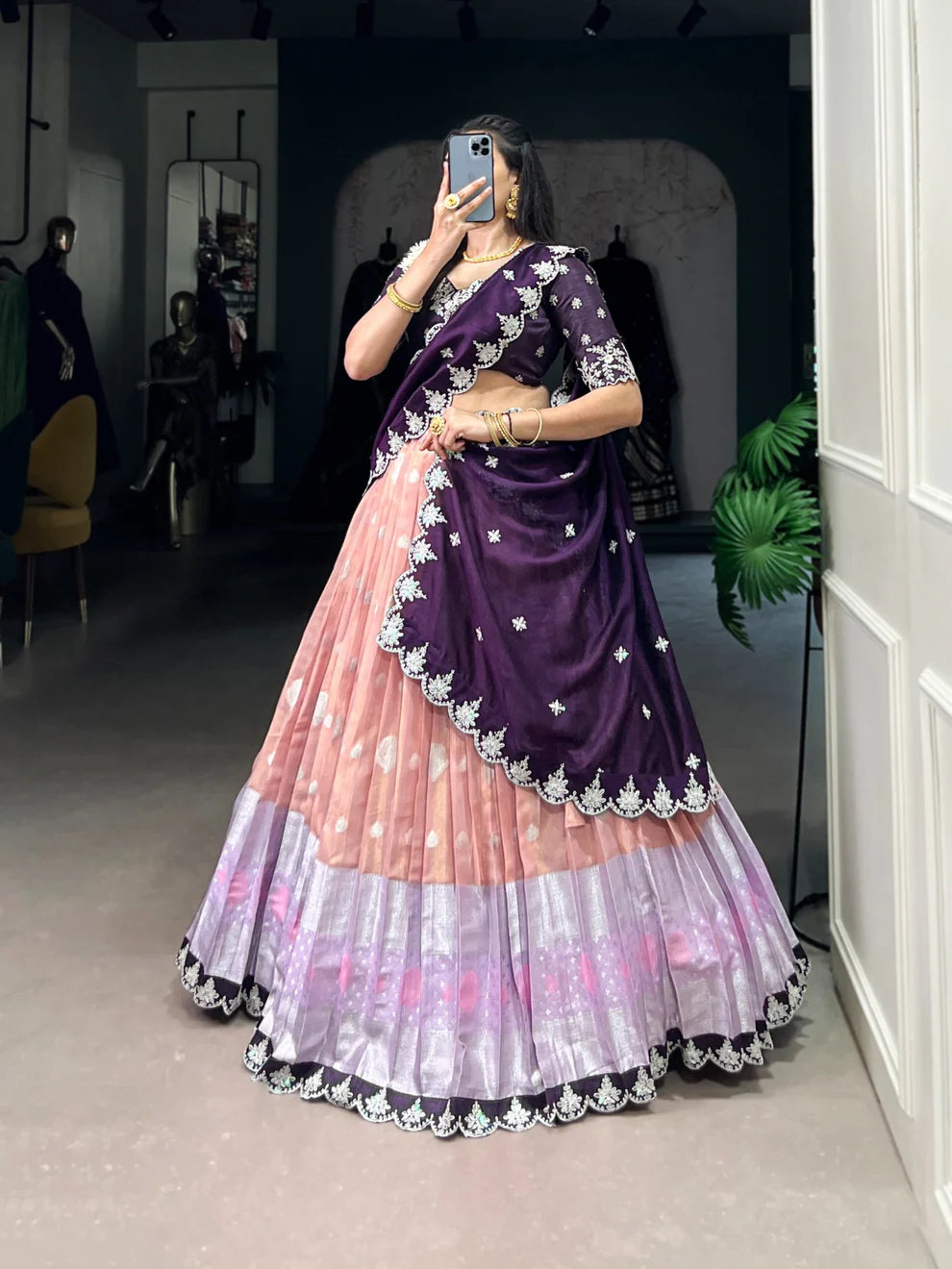 Dixz Fashion Women's Zari Kota Stitched Lehenga Set with Embroidered Dupatta and Banglory Blouse