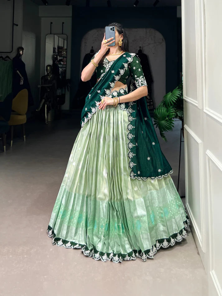Dixz Fashion Women's Zari Kota Stitched Lehenga Set with Embroidered Dupatta and Banglory Blouse