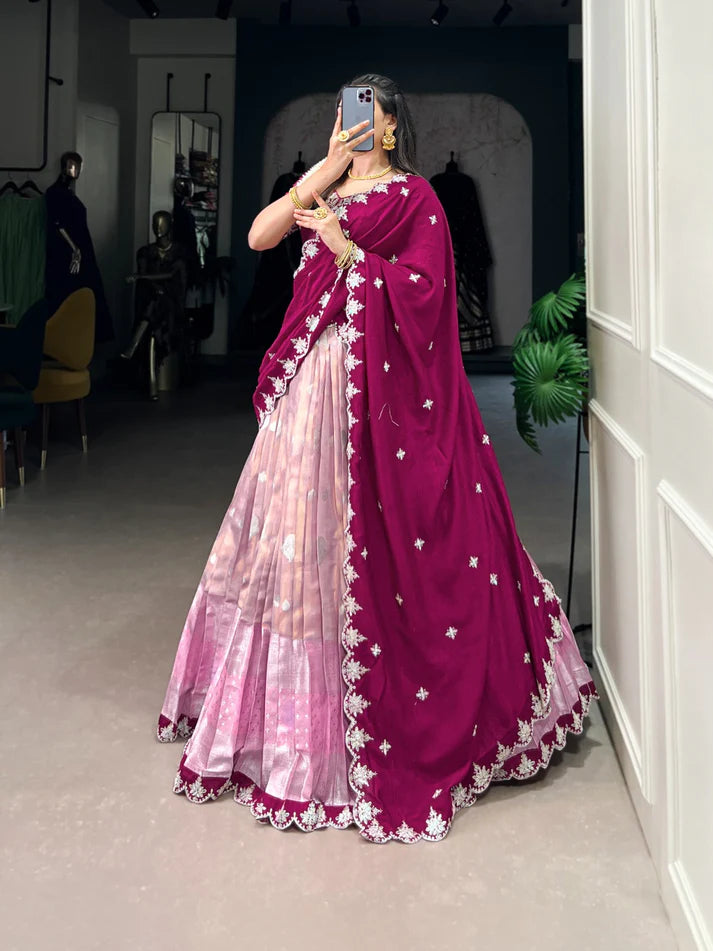 Dixz Fashion Women's Zari Kota Stitched Lehenga Set with Embroidered Dupatta and Banglory Blouse