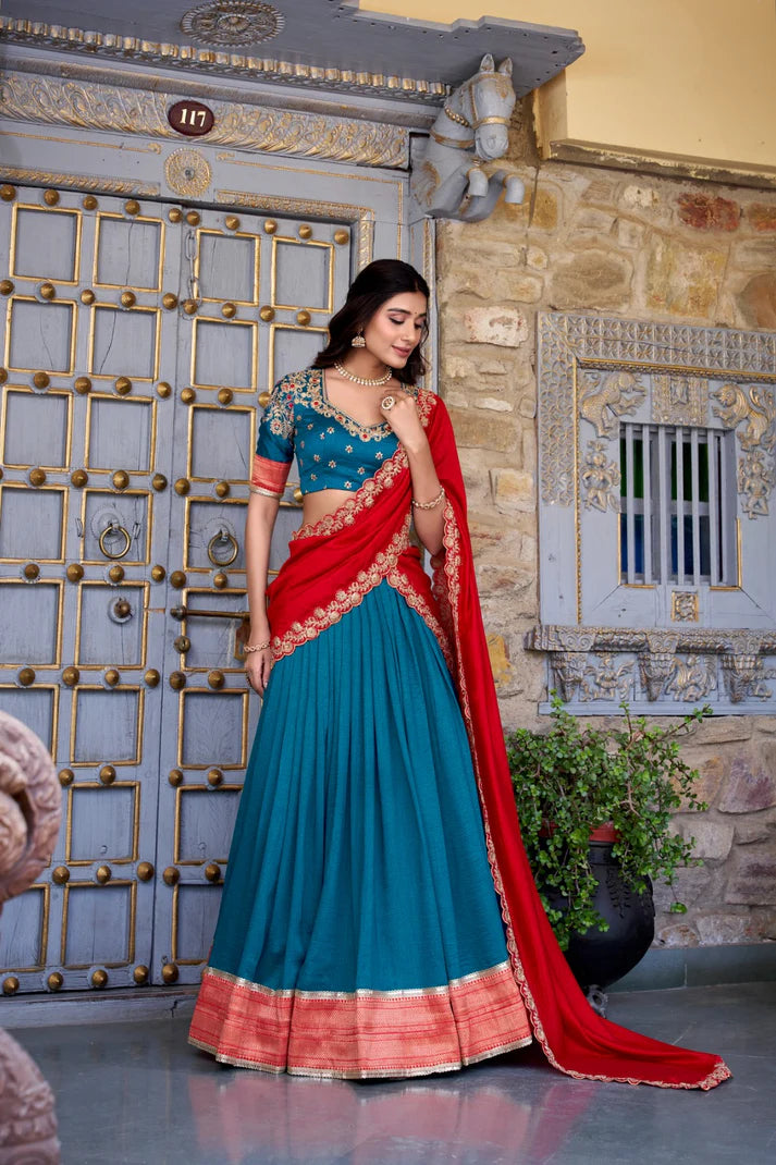 Dixz Fashion Zari Weaving Work Lace Border Belt With Sequins Lace Lehenga set