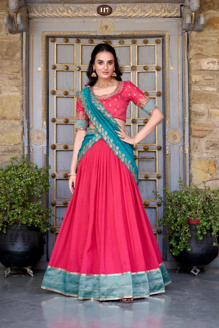 Dixz Fashion Zari Weaving Work Lace Border Belt With Sequins Lace Lehenga set
