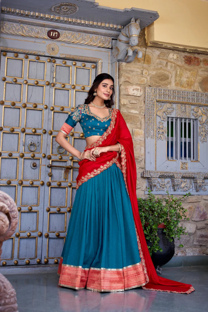 Dixz Fashion Zari Weaving Work Lace Border Belt With Sequins Lace Lehenga set