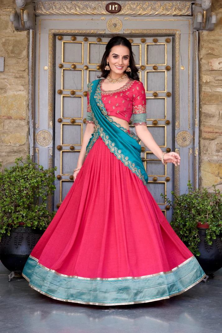 Dixz Fashion Zari Weaving Work Lace Border Belt With Sequins Lace Lehenga set