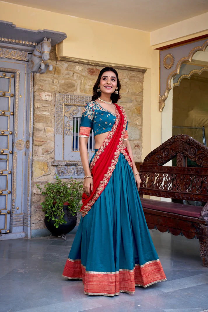 Dixz Fashion Zari Weaving Work Lace Border Belt With Sequins Lace Lehenga set