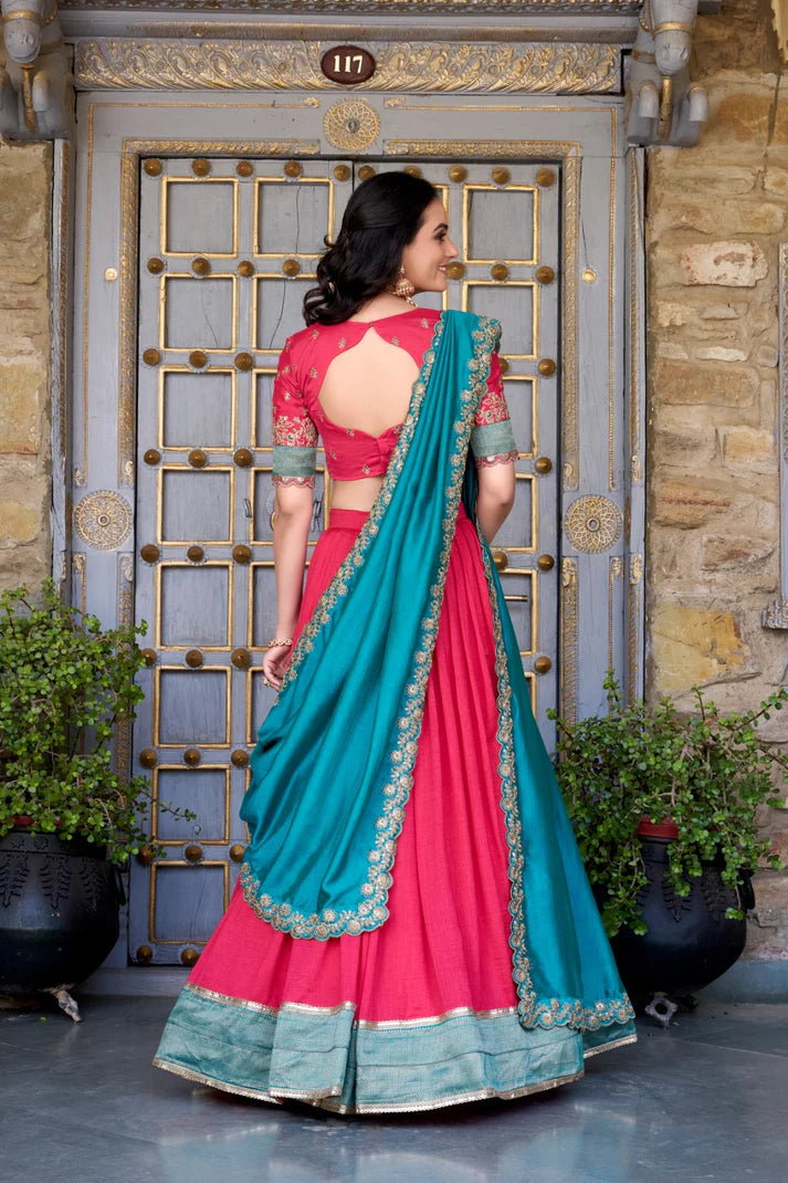 Dixz Fashion Zari Weaving Work Lace Border Belt With Sequins Lace Lehenga set