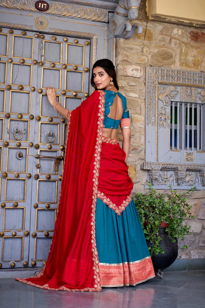 Dixz Fashion Zari Weaving Work Lace Border Belt With Sequins Lace Lehenga set