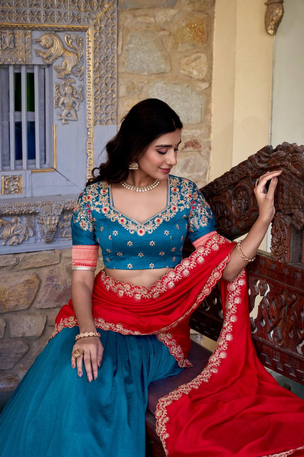 Dixz Fashion Zari Weaving Work Lace Border Belt With Sequins Lace Lehenga set