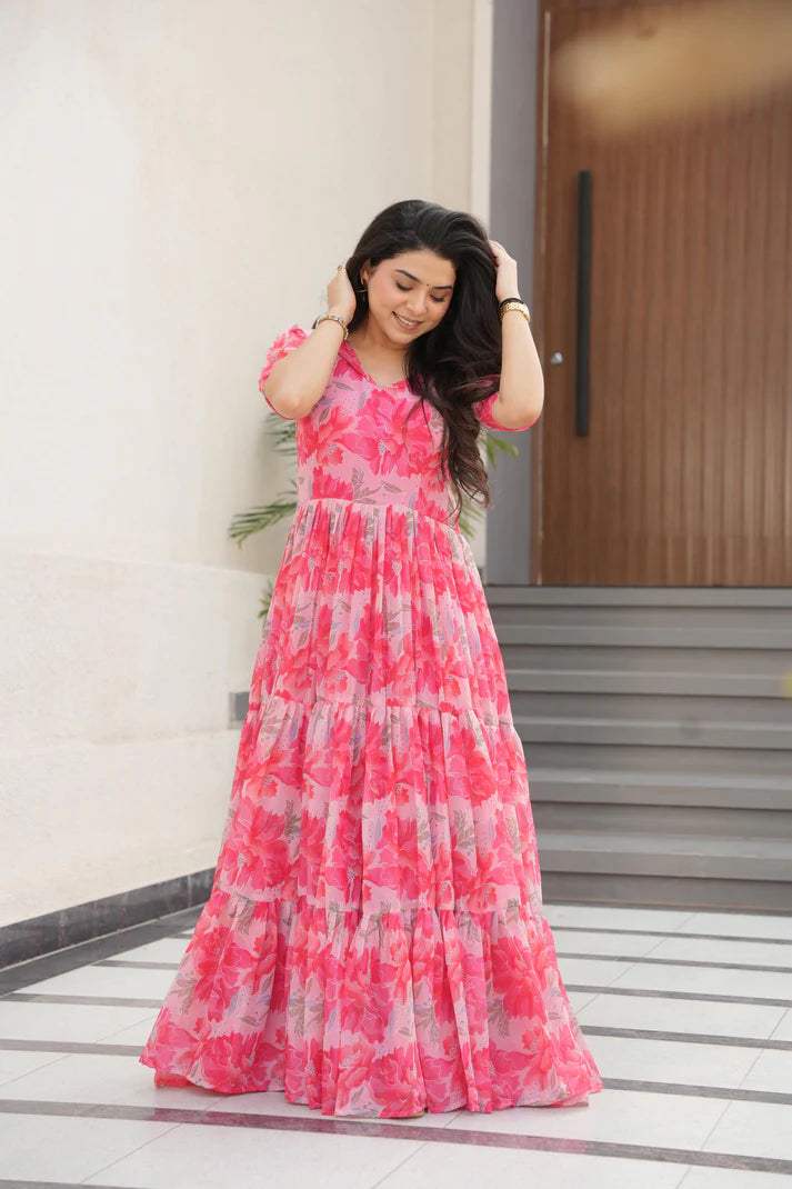 Dixz Fashion Desirable Women's Fully Flair Gown Made With Faux Georgette Fabrics With Print