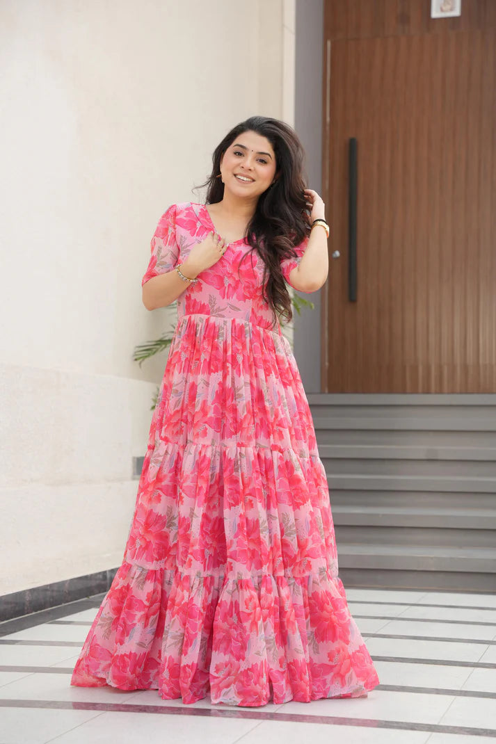 Dixz Fashion Desirable Women's Fully Flair Gown Made With Faux Georgette Fabrics With Print