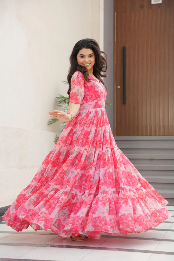Dixz Fashion Desirable Women's Fully Flair Gown Made With Faux Georgette Fabrics With Print