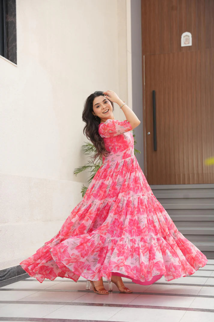 Dixz Fashion Desirable Women's Fully Flair Gown Made With Faux Georgette Fabrics With Print