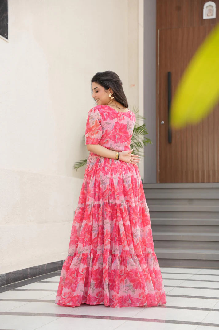 Dixz Fashion Desirable Women's Fully Flair Gown Made With Faux Georgette Fabrics With Print