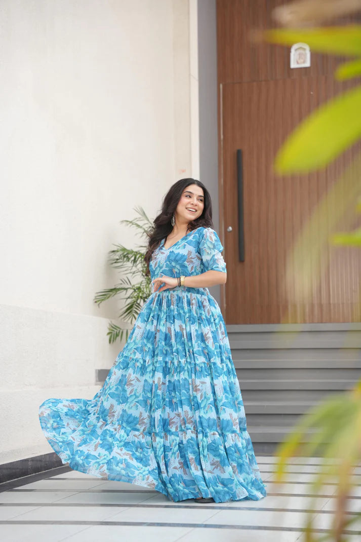 Dixz Fashion Desirable Women's Fully Flair Gown Made With Faux Georgette Fabrics With Print