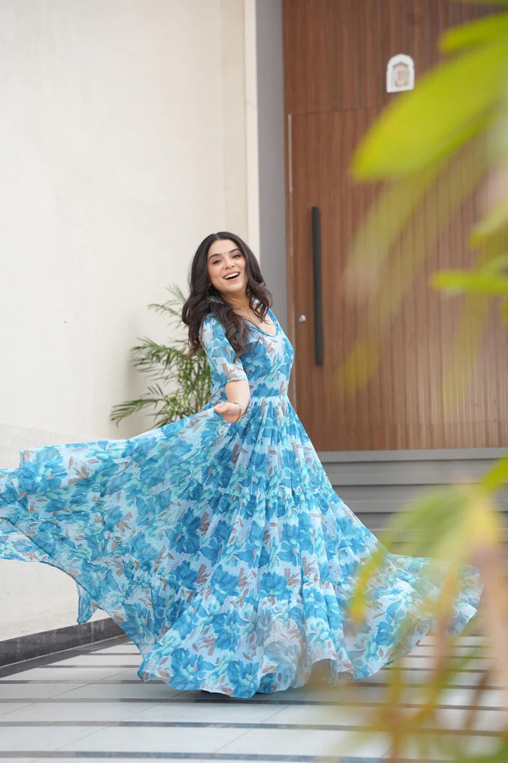 Dixz Fashion Desirable Women's Fully Flair Gown Made With Faux Georgette Fabrics With Print
