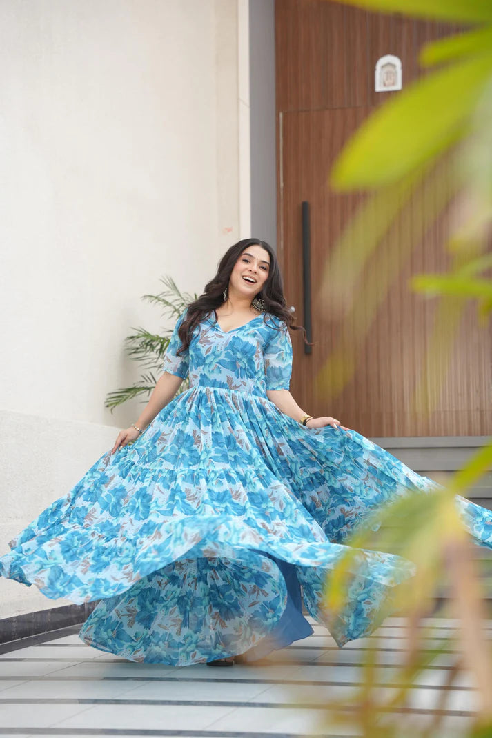 Dixz Fashion Desirable Women's Fully Flair Gown Made With Faux Georgette Fabrics With Print