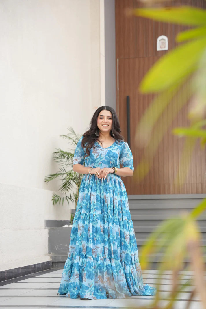 Dixz Fashion Desirable Women's Fully Flair Gown Made With Faux Georgette Fabrics With Print