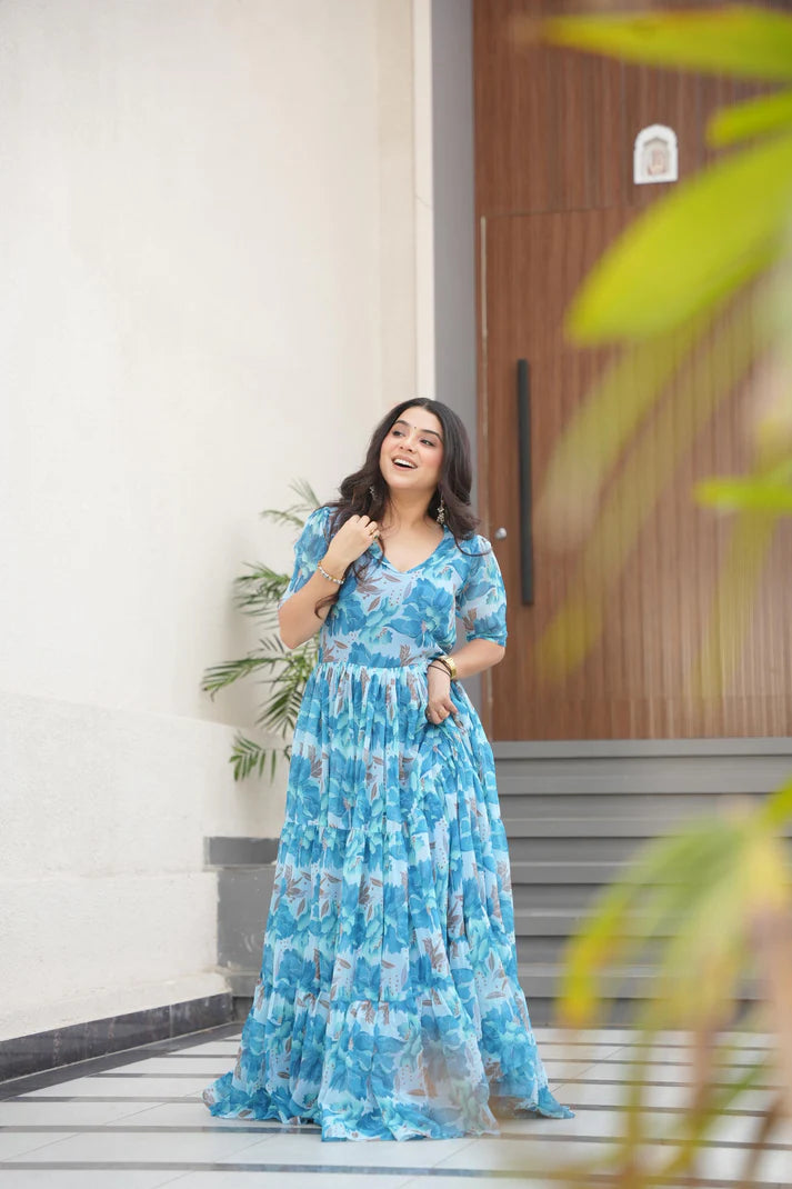 Dixz Fashion Desirable Women's Fully Flair Gown Made With Faux Georgette Fabrics With Print