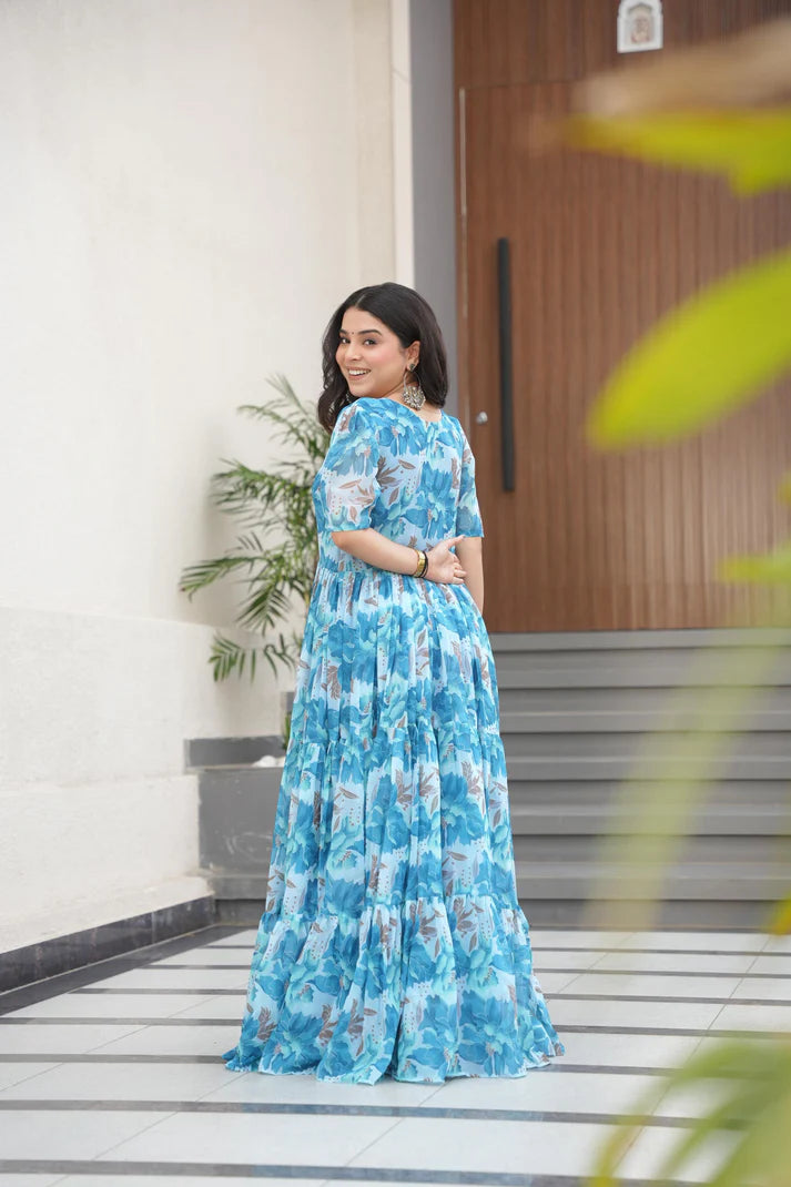 Dixz Fashion Desirable Women's Fully Flair Gown Made With Faux Georgette Fabrics With Print